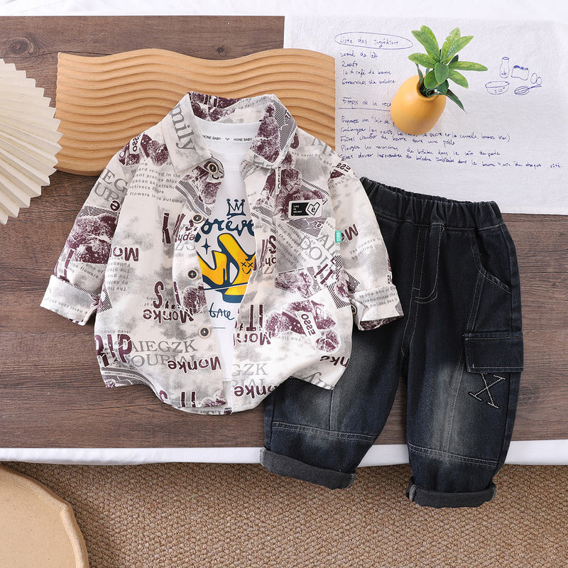 Boys' Autumn Casual Letter Print Three-Piece Set 2026 New Korean Style Stylish Baby Clothing Outfit Trendy