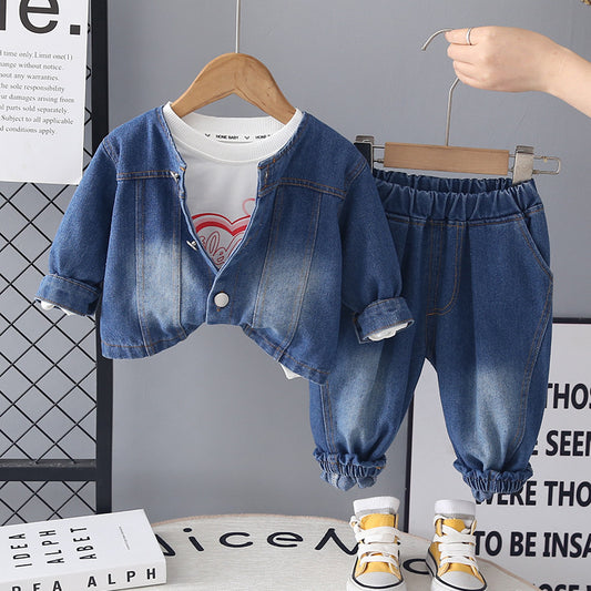 Girls' Outfit 2026 New Children's Patchwork Lace Denim Three-Piece Set for One-Year-Old Baby Spring and Autumn