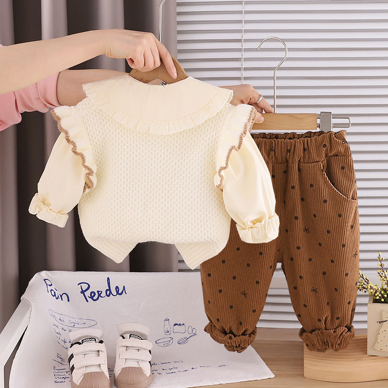 Girls' Spring Outfit 2026 New Style Set: Stylish Spring-Autumn Lace Bear Sweater Three-Piece Set for Little Girls and Children
