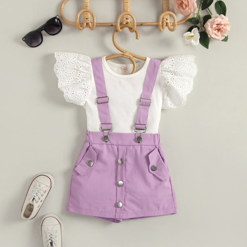 2022 European and American cross-border new children's clothing: solid color hollowed-out fly-sleeve round-neck top with detachable suspender shorts-skirt