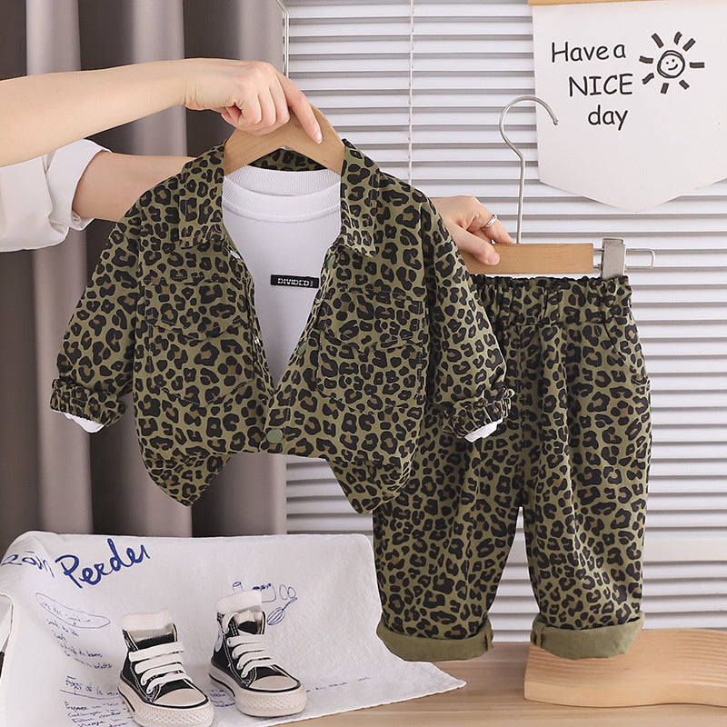 Baby Boy Spring and Autumn Outfit 2026 New Fashionable Toddler Korean Style Casual Leopard Print Long Sleeve Three-Piece Set
