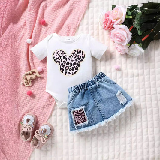 Summer Clothing European and American Style Girls' Infant Baby Printed Short-Sleeve Romper Denim Skirt Children's Set