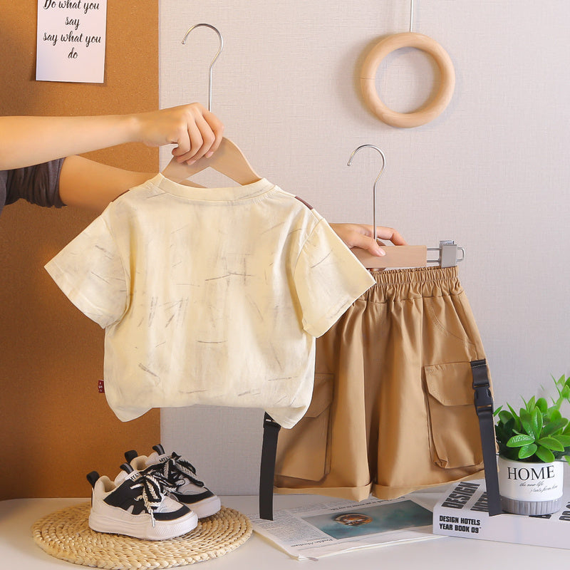 Boys' 2026 New Fashionable Children's Headphone Print Round Neck Short Sleeve Two-Piece Set Baby Summer Thin Trendy Outfit
