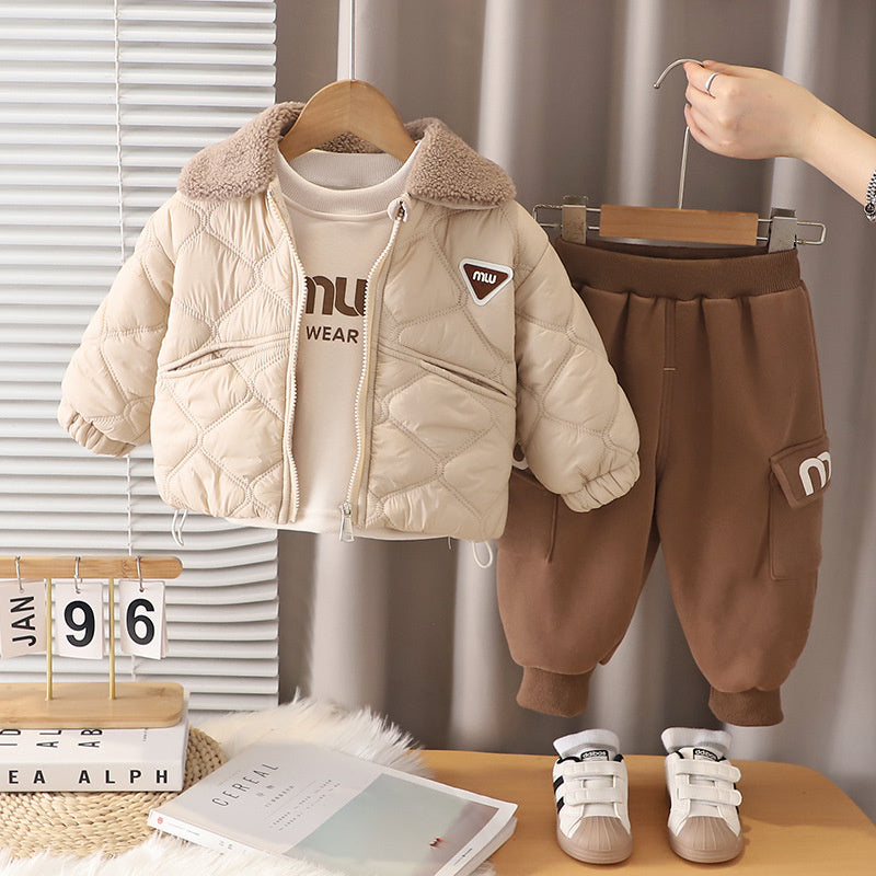 Suit Children's Autumn and Thickened Turn-down Collar Jacket Three-piece Set 2025 New Stylish Boys' Winter Clothes