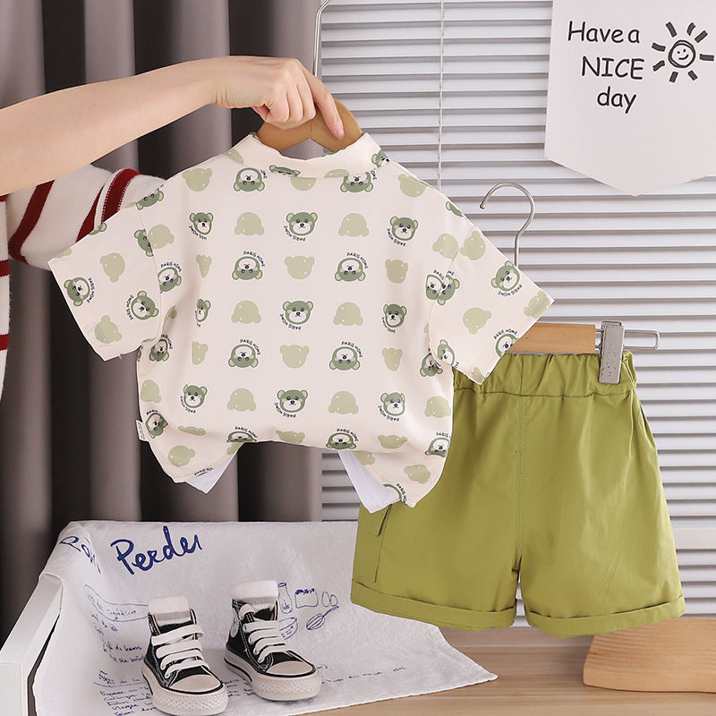 Boys' Summer Full-Print Bear Head Short-Sleeve Shirt Set, Thin Children's Clothing for One-Year-Old Baby Boys