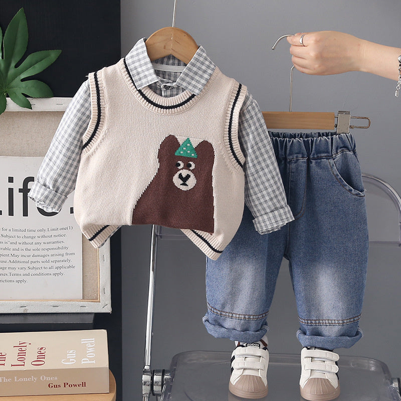 Boys' Outfit 2026 New Spring and Style Children's Fashionable Baby Autumn Casual Cartoon Big Bear Sweater Three-Piece Set