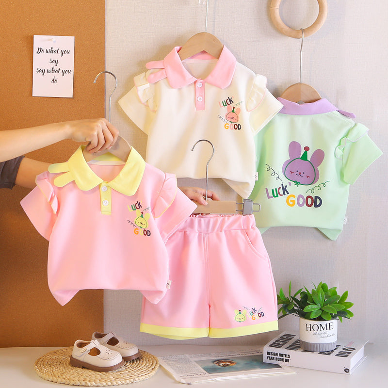 Girls' Outfit 2026 New Style Baby Children's Summer Clothes and Stylish Cute Lapel Rabbit Short Sleeve Two-Piece Set