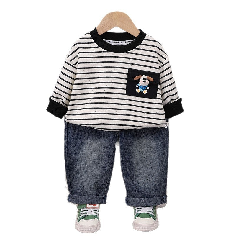 Boys' striped cartoon pocket suit 2026 new fashion stylish children's clothing for 1-year-old infants spring and autumn cute outfit