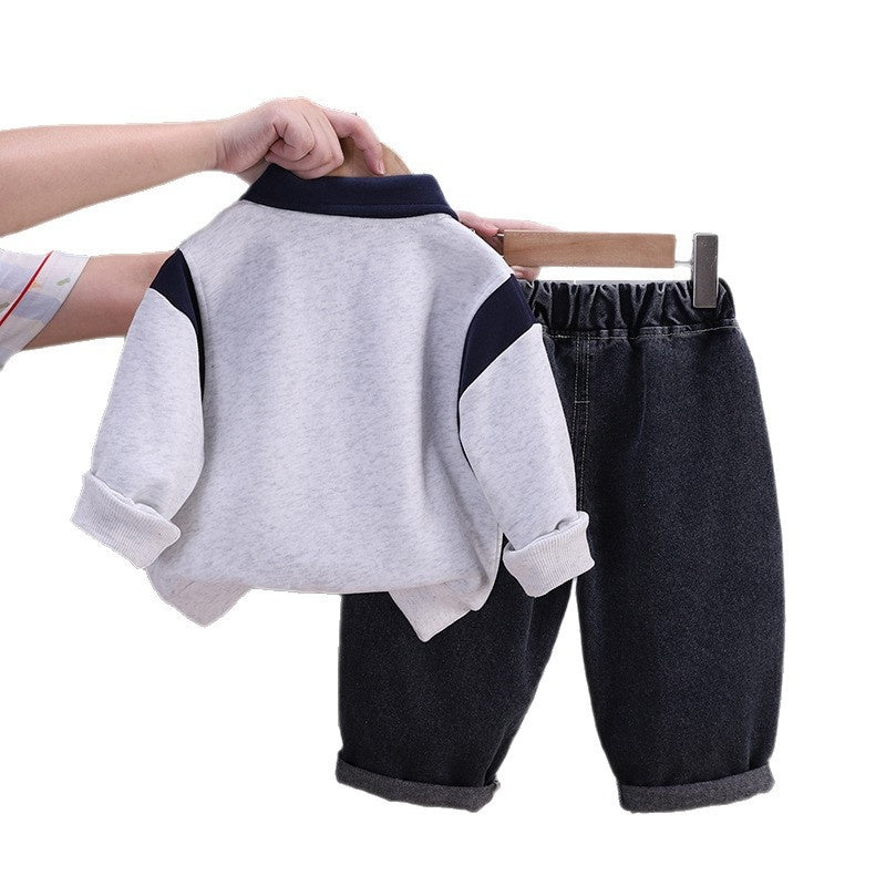 Boys' Outfit Turn-down Collar 2026 New Style Children's Two-piece Set with Contrasting Colors Fashionable Baby Spring and Autumn Trendy Clothing