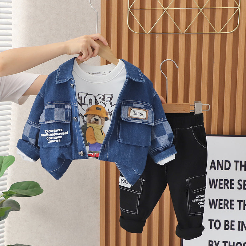 Boys' Spring and Autumn 2023 New Korean Style Casual Denim Three-Piece Set for 1-3 Year Olds