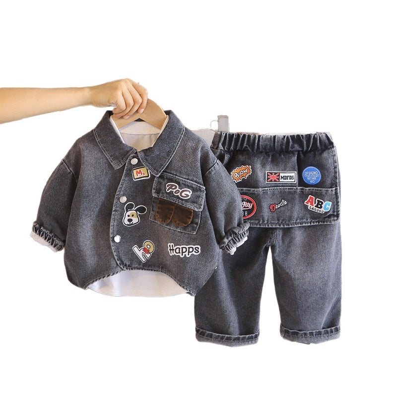 Boys' Spring and Outfit 2026 New Children's Autumn Cartoon Letter Denim Three-Piece Set for Boys