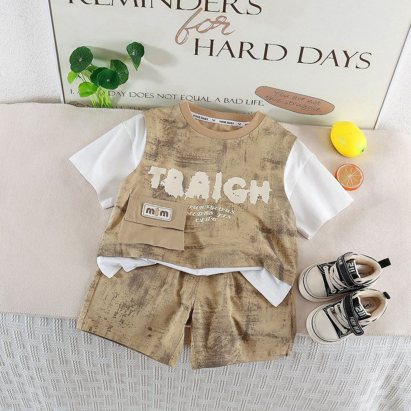 Boys' Outfit 2026 New Children's Clothing Summer Thin Style Baby Patchwork Short Sleeve Two-Piece Set Trendy and Cool