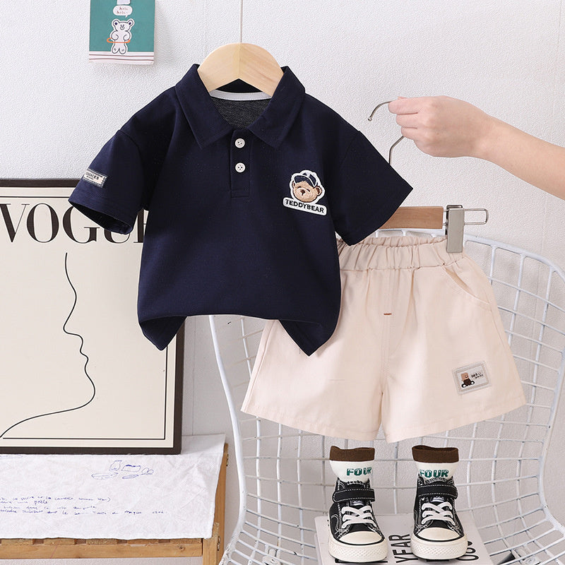 Baby Boy Outfit Boys Embroidered Logo Polo Shirt Short Sleeve Two-Piece Set Children's Summer Clothing for Ages 1-3-5