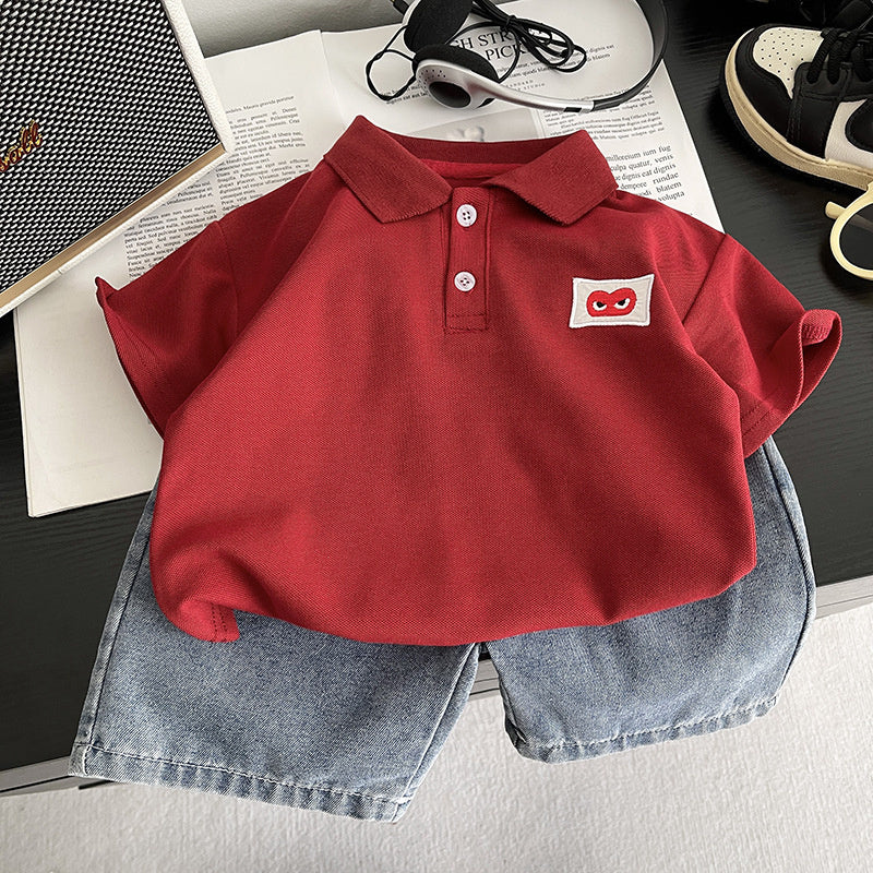 Boys' Outfit Set with Heart-Shaped Button Placket, Short Sleeve, 2026 New Model Children's Clothing for 3-Year-Old Boys, Summer Toddler Fashion