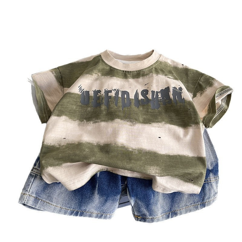 Baby Boy Outfit 2026 New Children's Summer Clothes 1-3 Years Old 5-Stripe Large Letter Short Sleeve Two-Piece Set Trendy