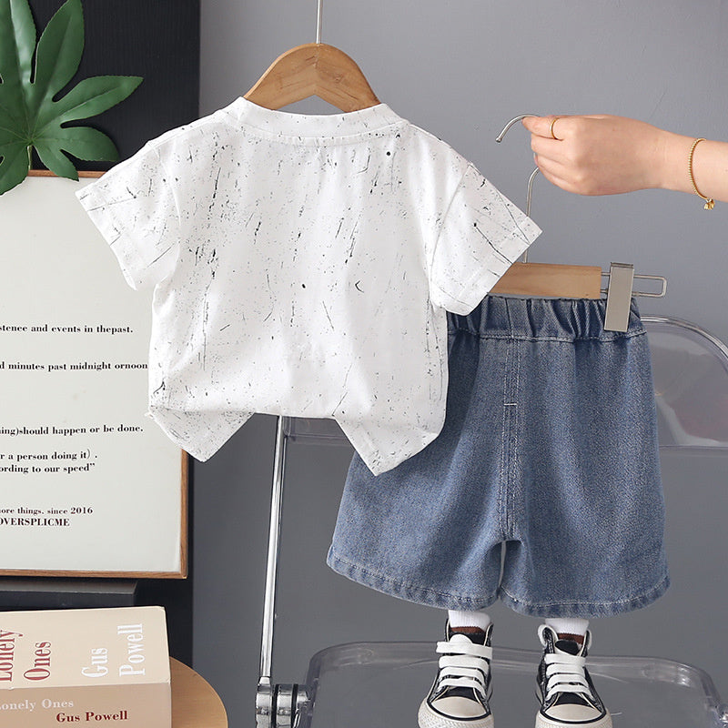 Boys' Outfit 2026 New Children's Graffiti Letter Short Sleeve Summer Clothes Baby Casual Two-Piece Set Trendy