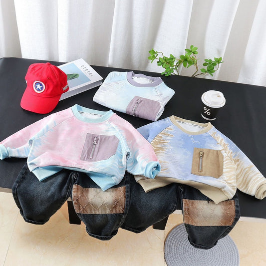 Baby Autumn Colorful Tie-Dye Sweatshirt 2026 New Model Boys' Spring Long-Sleeve Two-Piece Set for 1-3 Year Olds and 5-Year-Olds