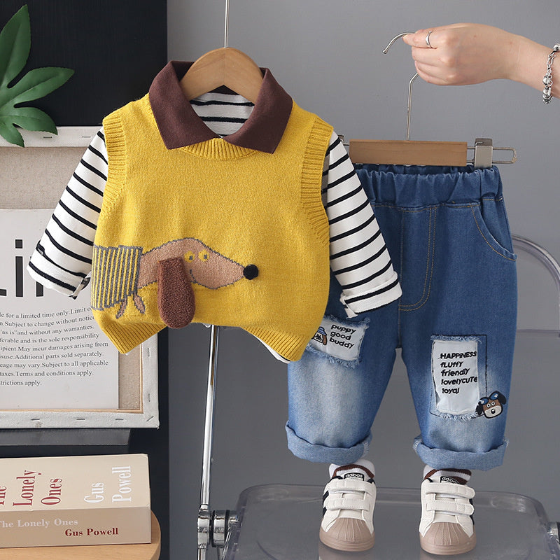Boys' Suit for 2026 New Model Children's Cute Puppy Sweater Outfit Baby Clothes Spring and Autumn Three-Piece Set