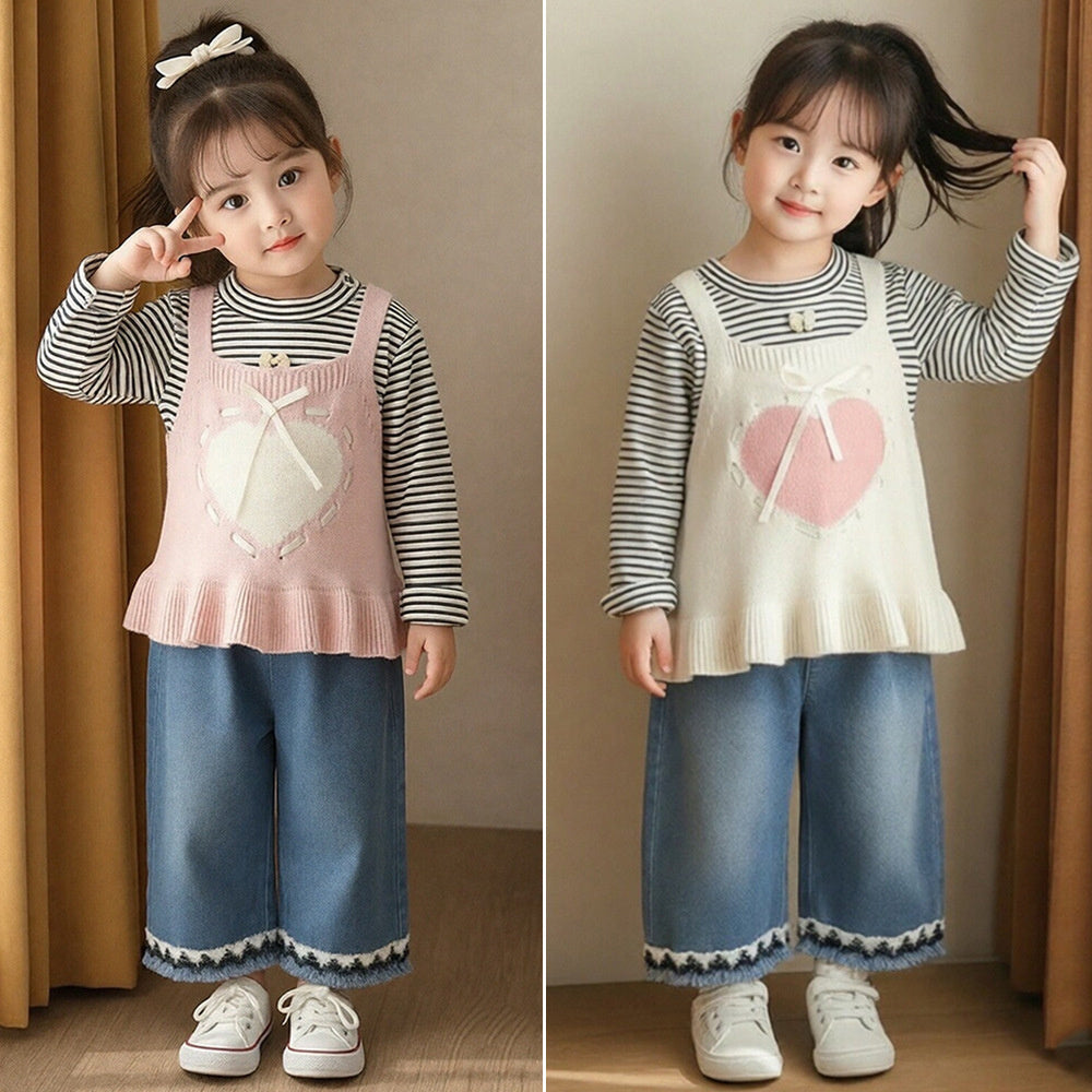 Baby Girl Outfit 2026 New Heart Pattern Sweater Three-Piece Set for Little Girls, Stylish Spring and Autumn Children's Clothing
