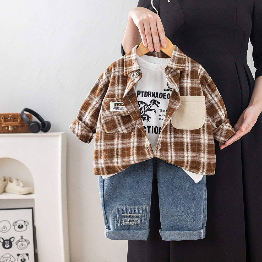Stylish trendy children's clothing boys, baby outfit, dinosaur plaid shirt three-piece set, 2026 new model for infants in spring and autumn