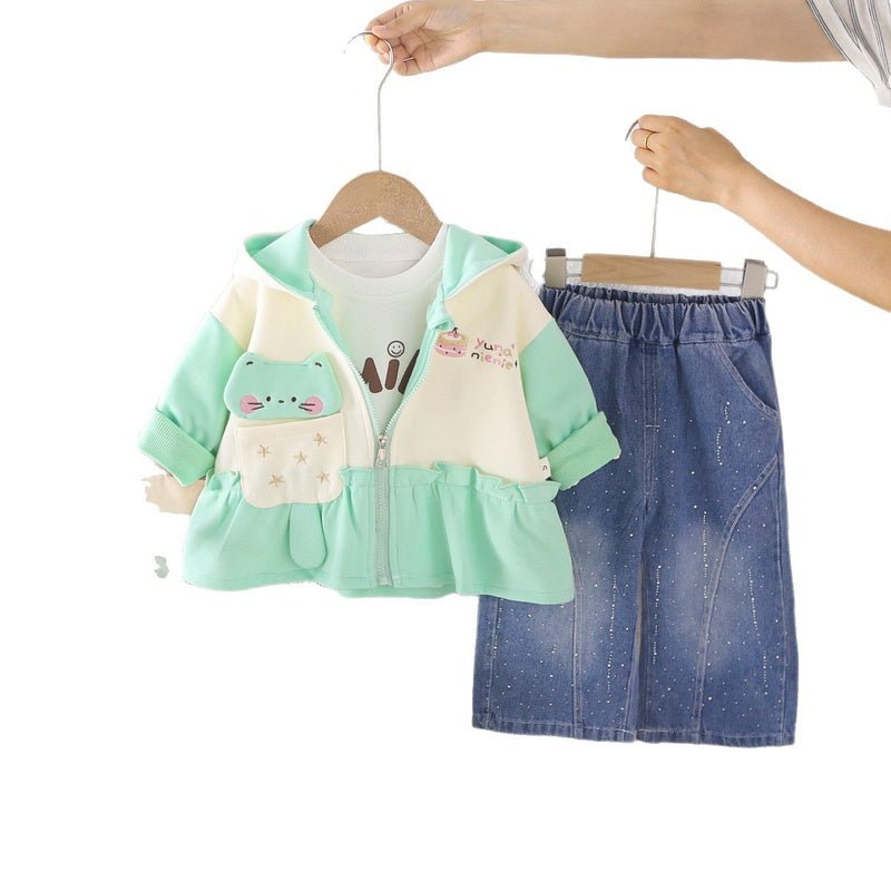 Girls' Spring and Autumn Fashionable Outfit, Children's Clothing 2026 New Cute Long-Tailed Bear Three-Piece Set, Trendy Baby Girl Wholesale