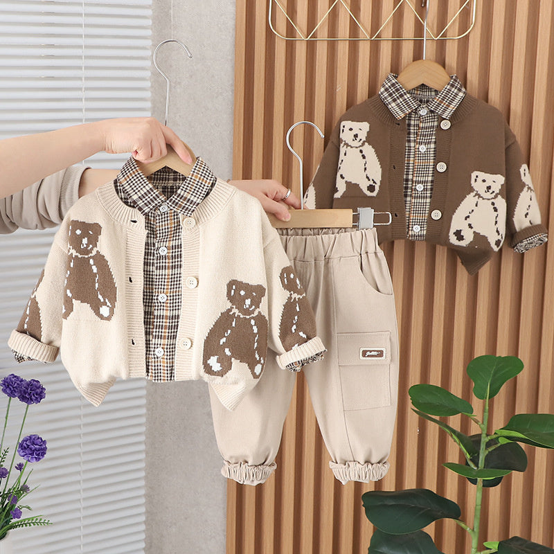 Baby Spring Outfit Stylish 1-4 Years Old Boys Bear Long Sleeve Sweater Three-Piece Set Infant Children's Clothing