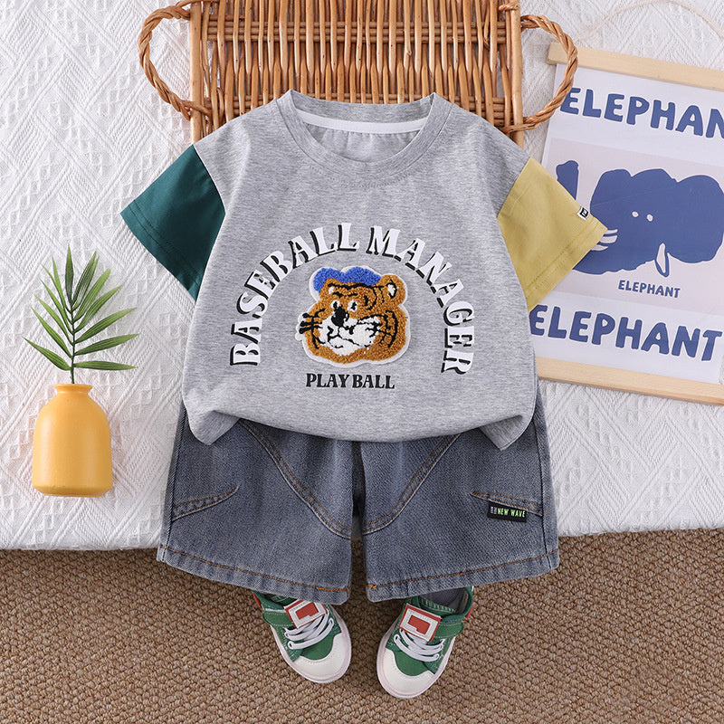 Boys' Outfit 2026 New Children's Cartoon Animal Clothes Baby Summer Thin Color-Block T-Shirt Two-Piece Set