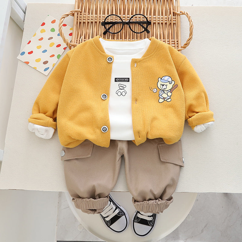Autumn Children's New Three-Piece Comfortable Cardigan Cartoon Bear Print Long Sleeve Jacket Boys' Set Manufacturer Wholesale