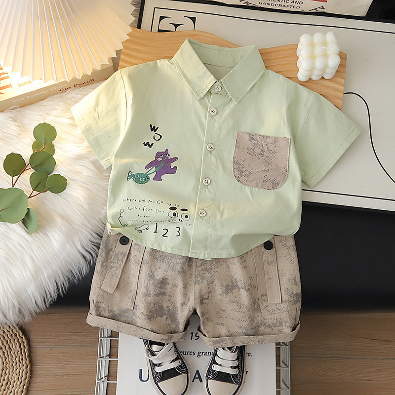 Stylish baby boy outfit for 1-5 year olds, summer two-piece set with a cute cat print short-sleeve shirt and collar