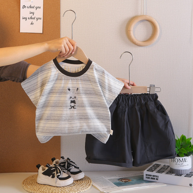 Boys' Outfit 2026 New Style Children's Striped Rabbit Short Sleeve Fashionable Baby Summer Clothes Two-Piece Set Trendy