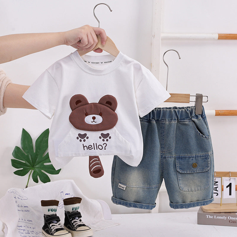 Boys' Short-Sleeve 2026 Trendy New Outfit with Bear Head Pocket Baby Clothes Children's Summer Two-Piece Set