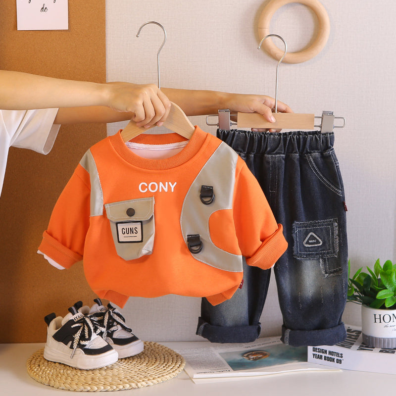 Boys' Stylish and Autumn Set 2026 New Spring Baby Long Sleeve Single Pocket Two-Piece Fashionable Toddler Outfit