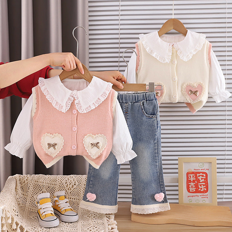 2026 New Fashionable Clothes Girls: Lace Heart Sweater Three-Piece Set, Stylish Outfit for Children, Spring and Autumn Set