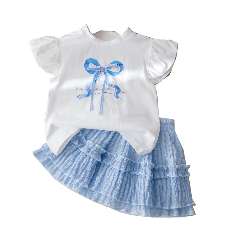 Korean children's clothing girls: outfit with lace bow, flutter-sleeve T-shirt, stylish pleated short skirt, trendy summer wear for girls