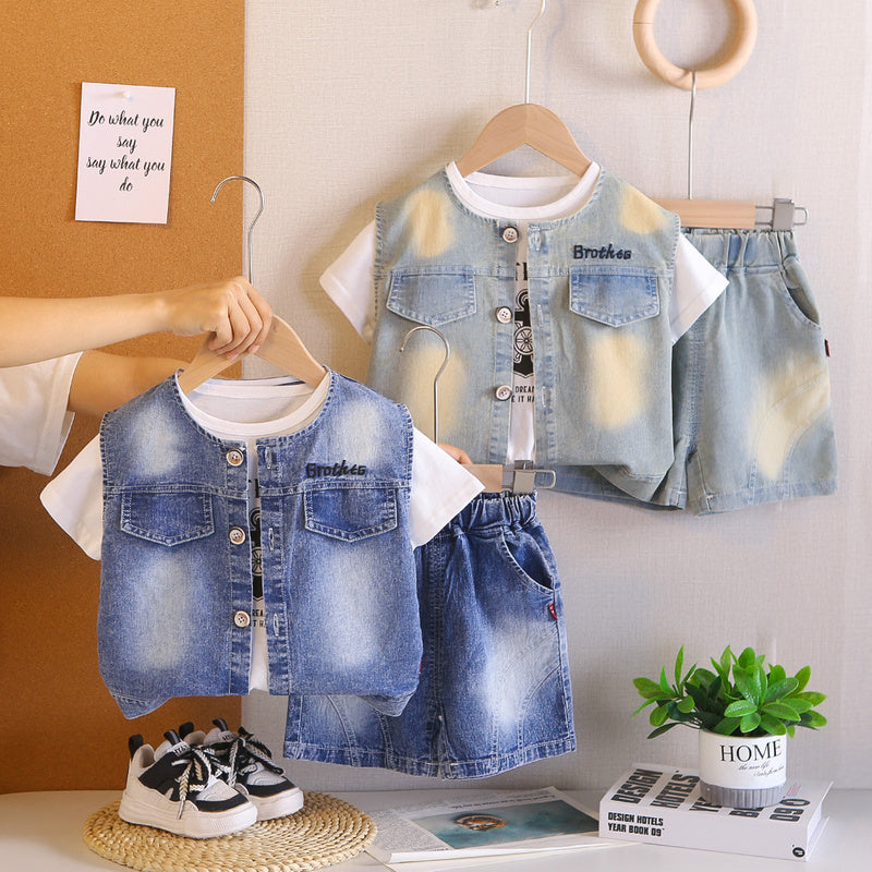 Boys' Summer Outfit 2026 New Fashionable Embroidered Letter Baby Clothes Short Sleeve Shorts Three-Piece Set Trendy
