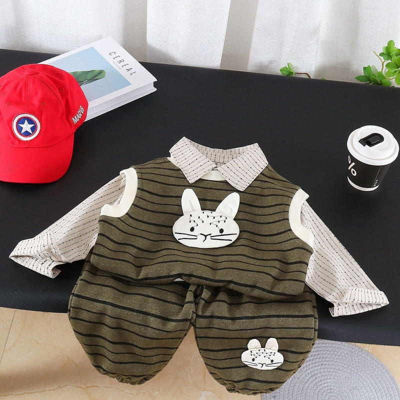 Children's Striped Rabbit Head Vest 2026 New Boys' Spring and Autumn Clothes Baby Three-Piece Set Wholesale