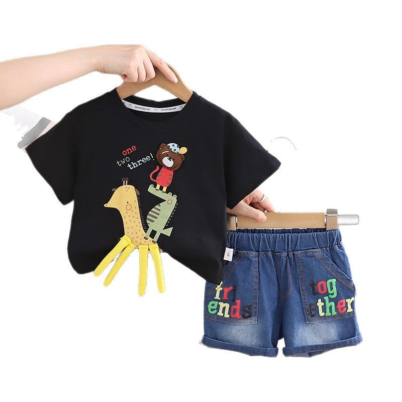 Boys' Outfit Cartoon Giraffe Animal Short Sleeve Two-Piece Set 2026 New Fashionable Baby Summer Children's Clothes
