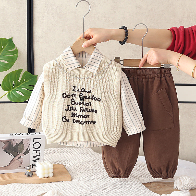 Boys' and Autumn Three-Piece Sweater Set, Children's Casual Long-Sleeve Clothing, Fashionable Spring Outfit for Kids