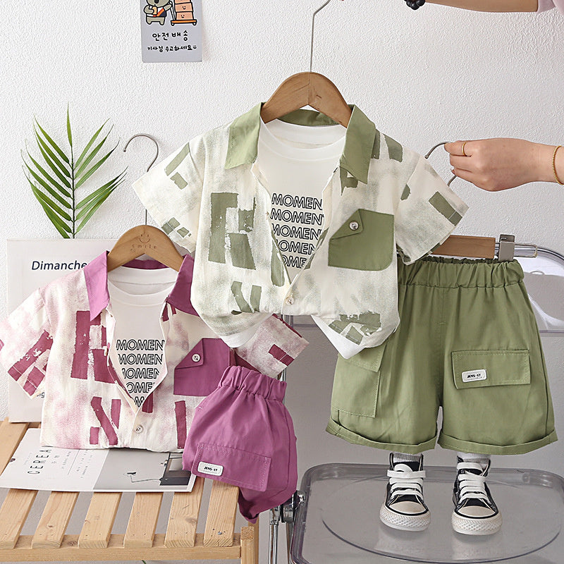 Boys' Clothing New 2026 Large Letter Shirt Baby Summer Outfit Stylish Short Sleeve Three-Piece Set