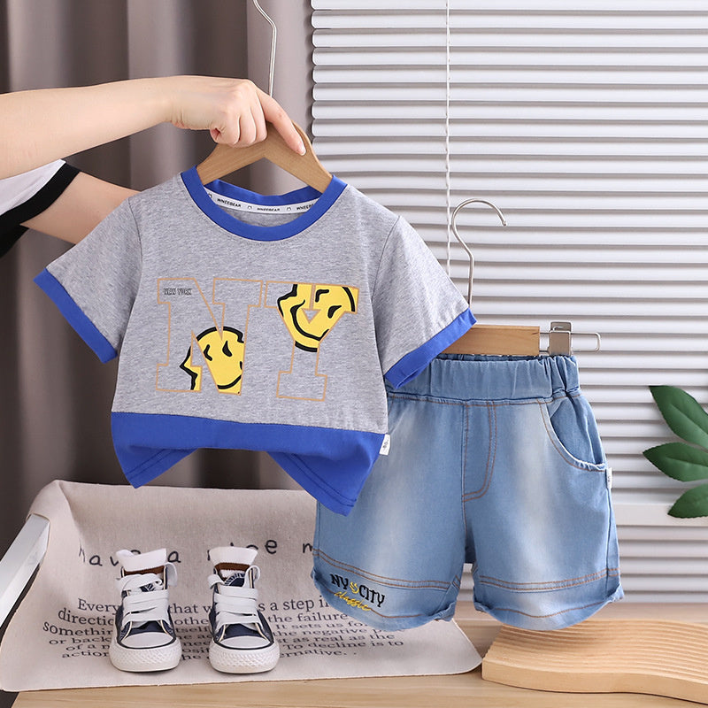 Boys' Short-Sleeve Outfit 2026 New Fashionable Children's Letter Print Big Smiley Face Baby Summer Color-Block Trendy Clothes