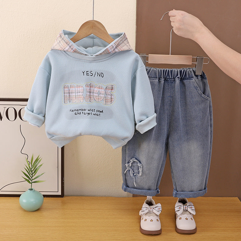 Boys' Outfit: Children's Plaid Letter Hoodie Jeans Two-Piece Set for 1-3 Year Olds, Spring and Autumn Clothing