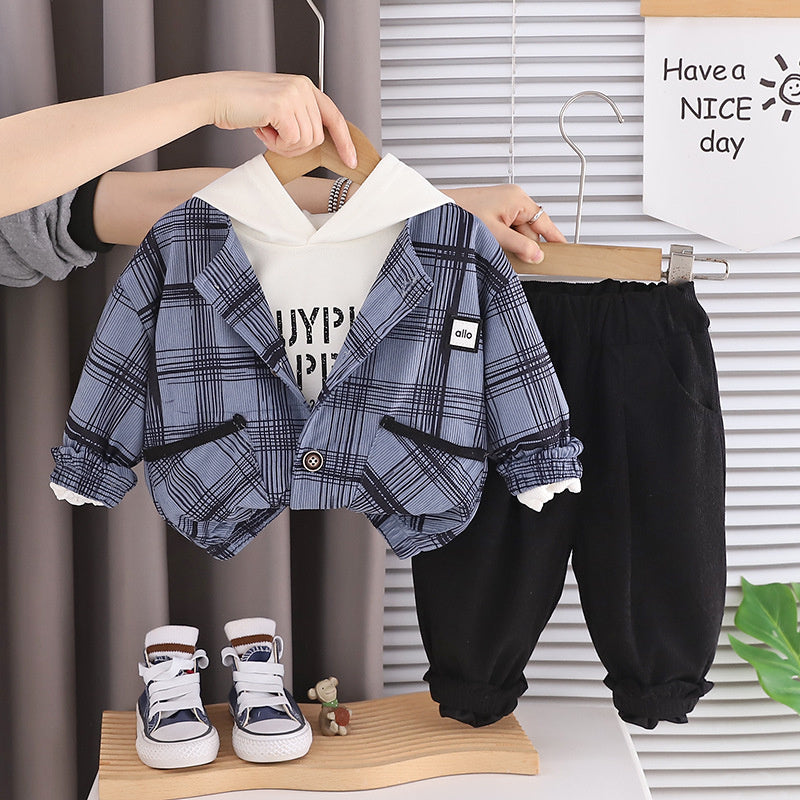 Boys' Suit 2026 New Style Children's Fashionable Clothing Baby Spring and Autumn Hooded Plaid Three-Piece Set Trendy