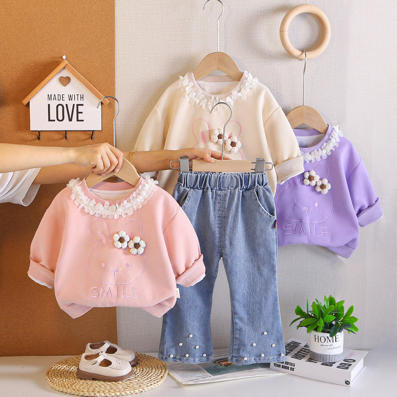 Girls' Floral Sweatshirt Set 2026 New Autumn Two-Piece Outfit Trendy Baby Casual Sportswear Children's Fashion Clothing