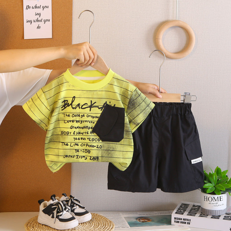 Boys' Outfit 2026 New Fashionable Two-Piece Set Baby Summer Striped Letter Pocket Short Sleeve Infant Trendy Clothing