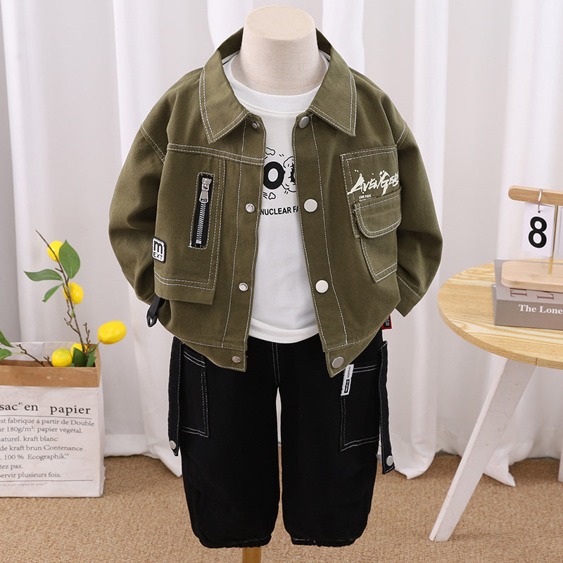 Boys' Outfit 2025 New Baby Spring and Autumn Korean Style Toddler Clothes Children's Casual Pocket Cargo Three-Piece Set