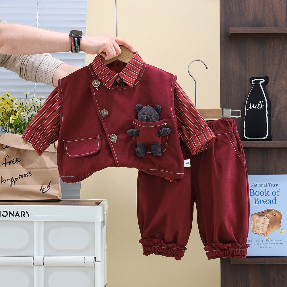 Baby Boy and Autumn Outfit 2025 New Spring 3D Bear Striped Shirt Vest Three-Piece Set Children's Clothing