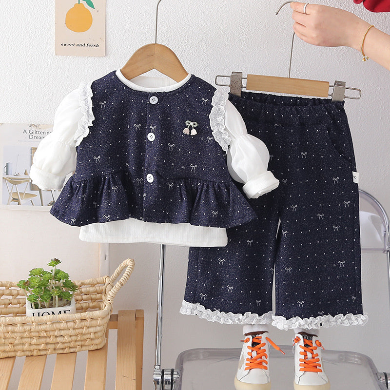 Girls' Outfit Set: Stylish Baby Girl Spring and Autumn Bow Vest Long Sleeve Three-Piece Set Infant Children's Clothing