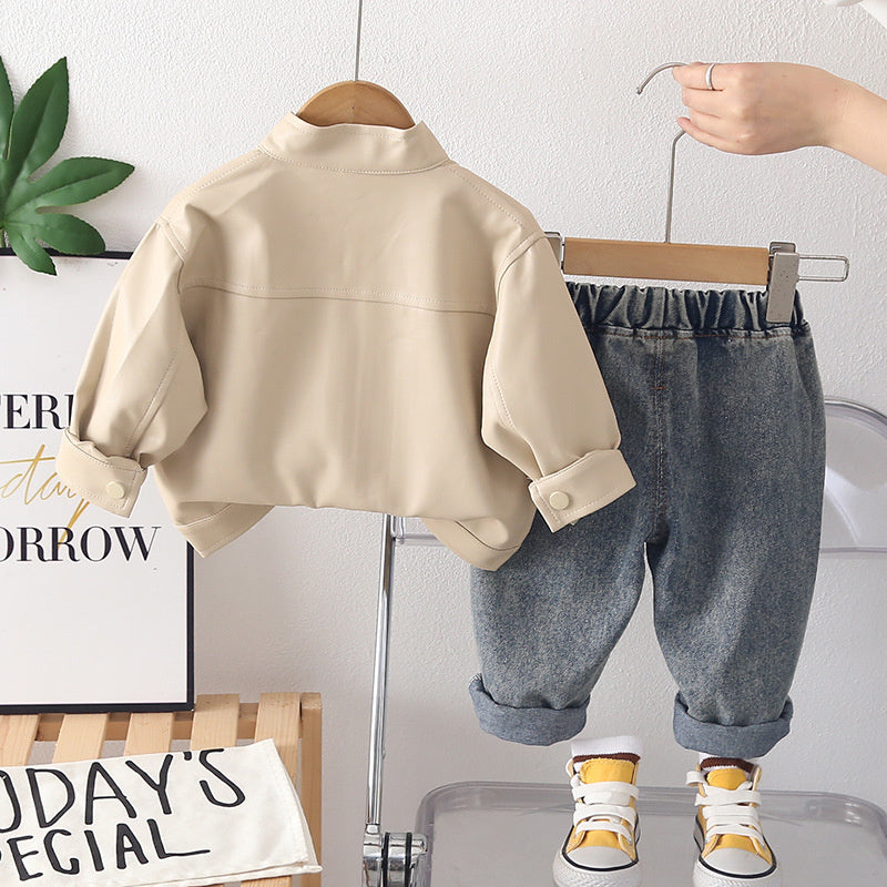 Boys' and Autumn Stand-Collar Leather Jacket Two-Piece Set, Stylish Children's Clothing for 1-Year-Old Boys, Trendy Spring Outfit