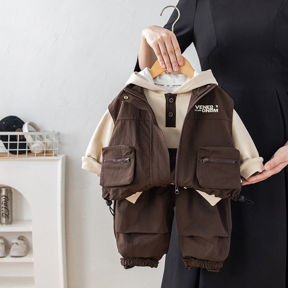 Stylish Boys' and Autumn Outfit 2026 New Spring Collection Baby Three-Piece Set with Double 3D Pocket Vest Trendy