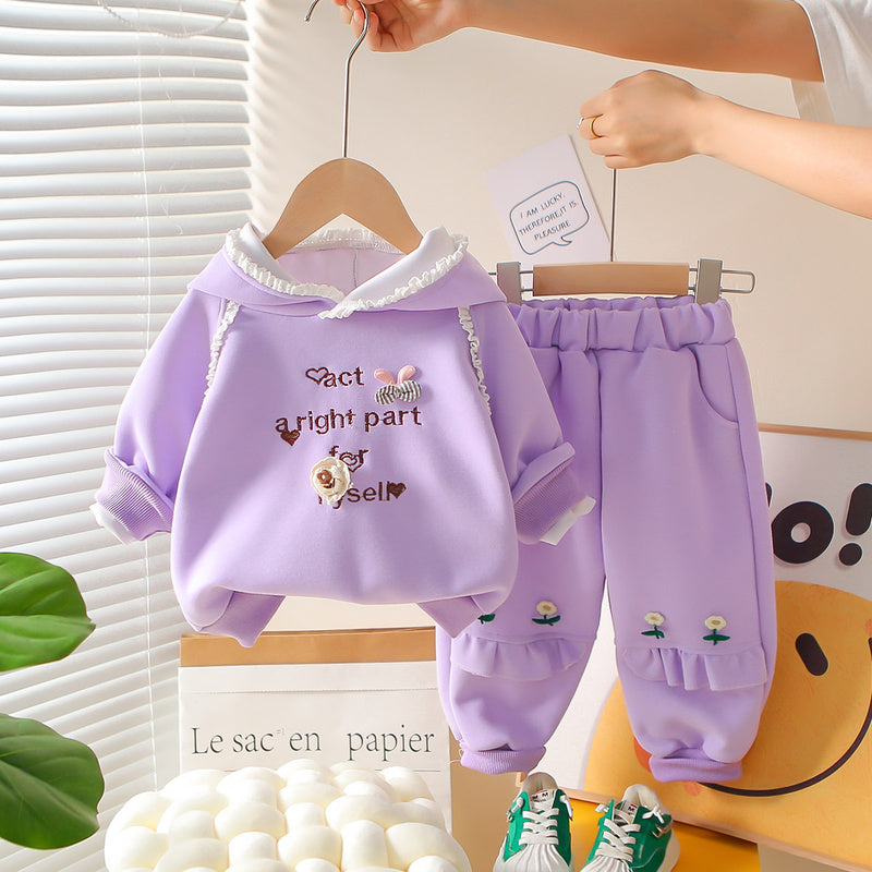 Girls' Autumn 2026 New Fashionable Spring Outfit Baby Lace Hooded Sweatshirt Cartoon Two-Piece Set for Infants and Children